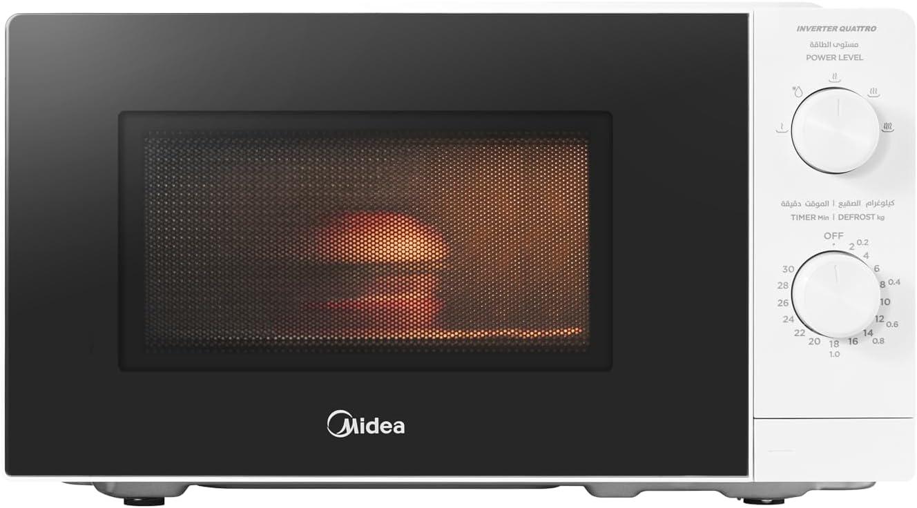 Midea 20 Liters Solo Microwave Oven with 5 Power Levels, 700W, Defrost Function, Inverter Quattro, XmartWave Technology, Push Button Door Opening, Good for Home & Office, White, MM7P012MZ-WH